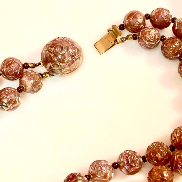 VTG 30s/40s Root Beer Flower Molded Plastic Dbl Strand Beaded Necklace Austria - Picture 8 of 12